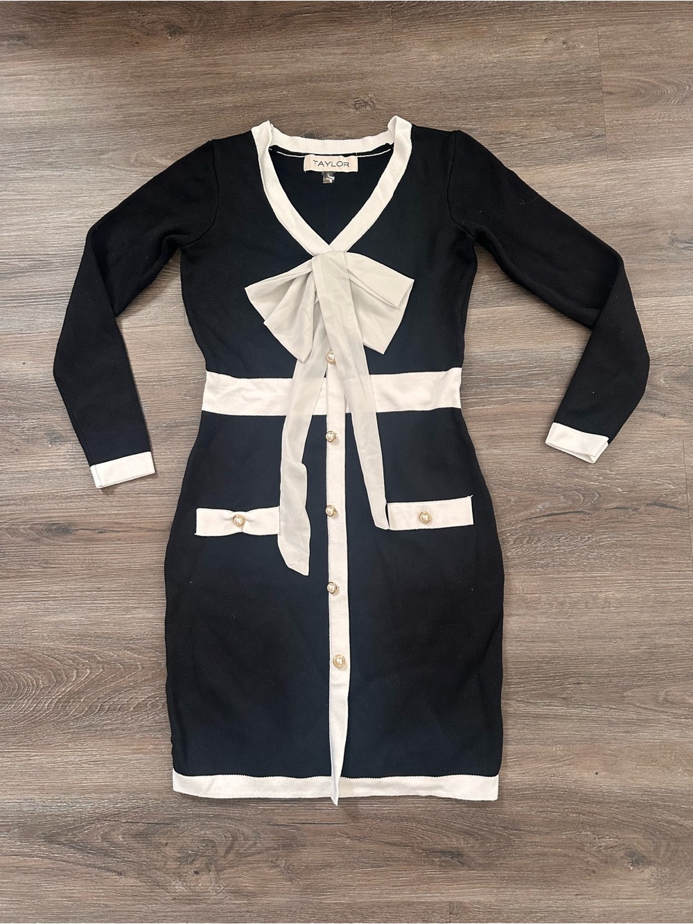 Taylor Black and White Bow-Front Knit Dress